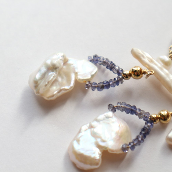 Freshwater pearl & Iolite earring(pierce) 5枚目の画像