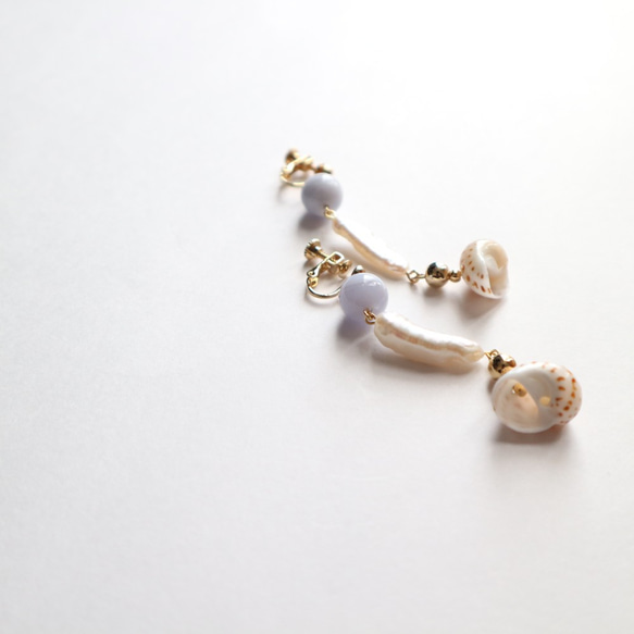 貝殼和珍珠耳環（無環耳環） 第3張的照片