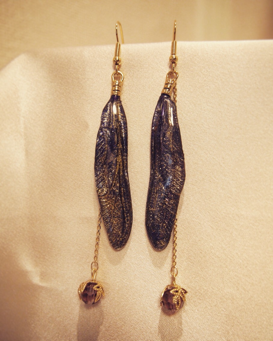 【ほんものの蜻蛉の翅】トンボのピアス イヤリング パープル×ゴールド