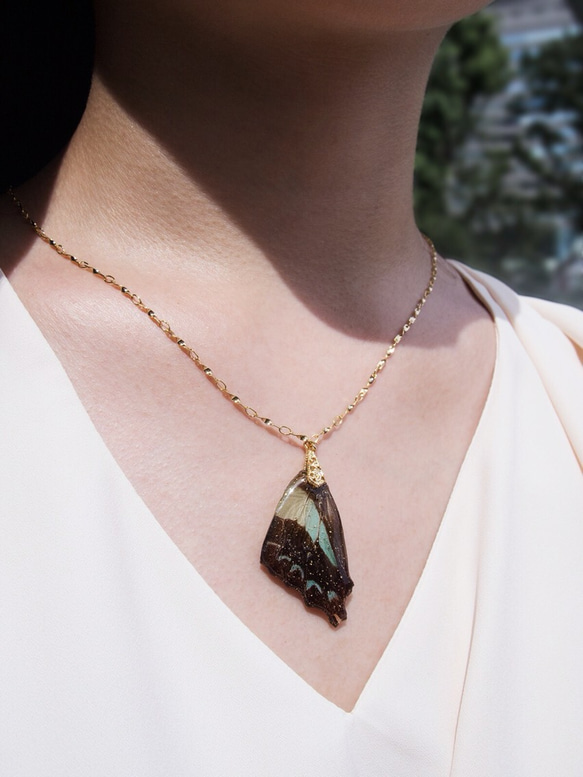 【ほんものの蝶の翅】バタフライのネックレス ペンダント ブラック×グリーン 1枚目の画像