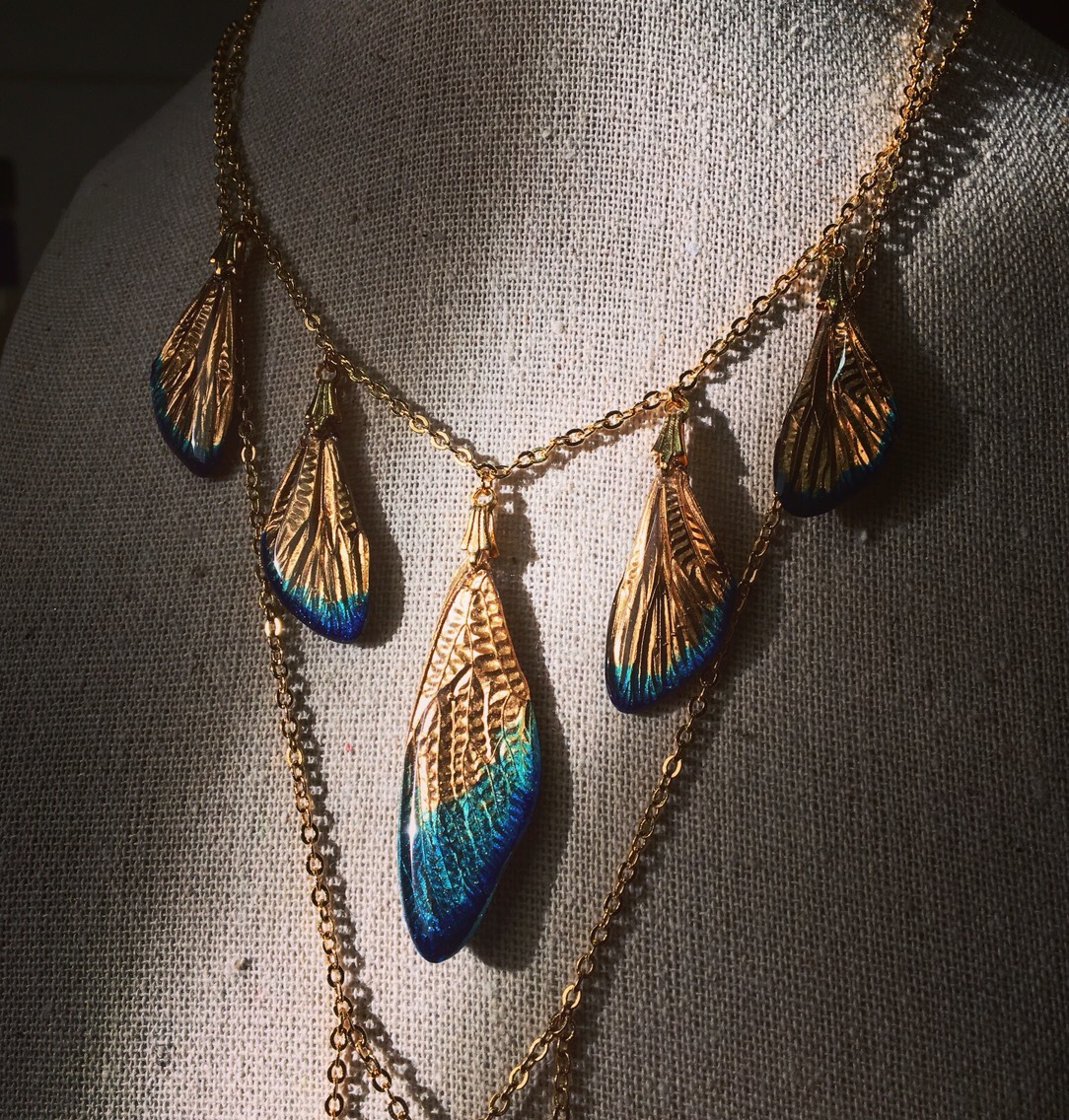 【ほんものの蝉の翅】セミのネックレス ペンダント ブルー ゴールド