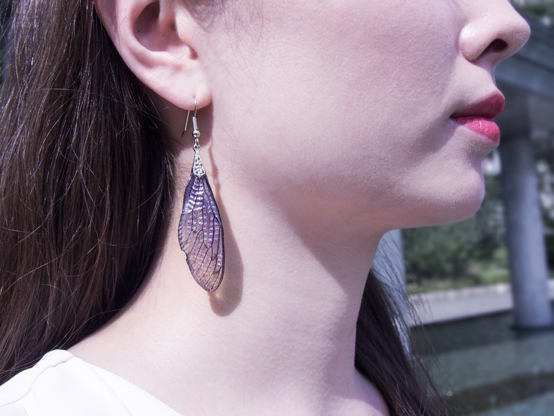 【ほんものの蝉の翅】セミのピアス イヤリング パープルグラデーション