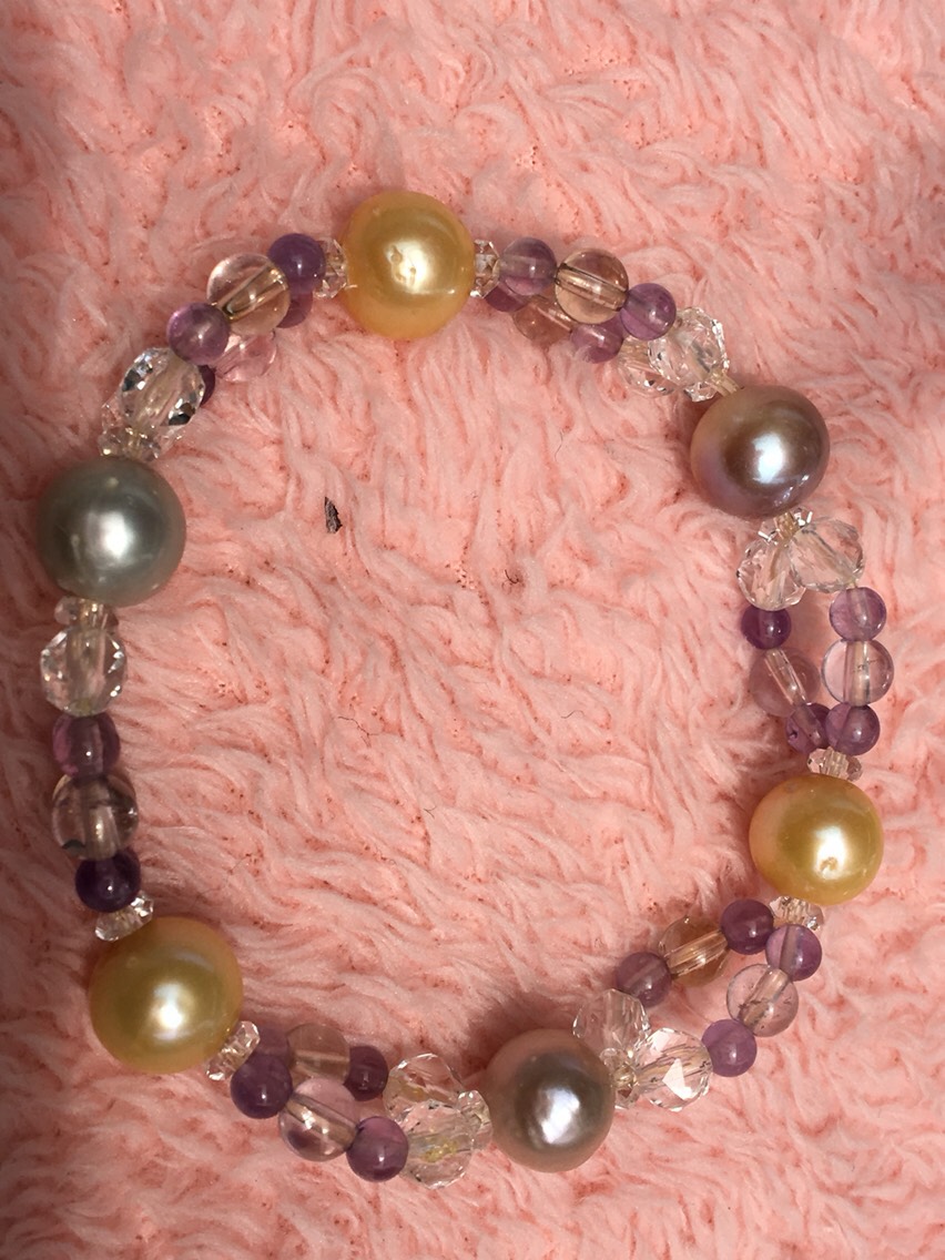 天然淡水パール オリジナル二連ブレスレット  水晶  アメジスト