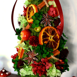 【クリスマスカラー】  年中飾れる植木感覚ツリー　フルーツ アジサイ 森のトピアリー  プリザーブドフラワー 2枚目の画像