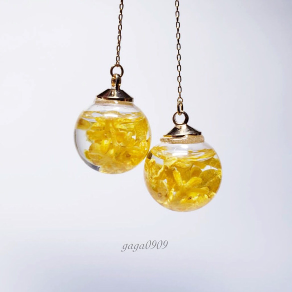 No.6  ハンドメイドアクセサリー　イヤリング　金木犀　ガラスドーム 107 金木犀 キンモクセイ フラワー ガラスドーム ピアス