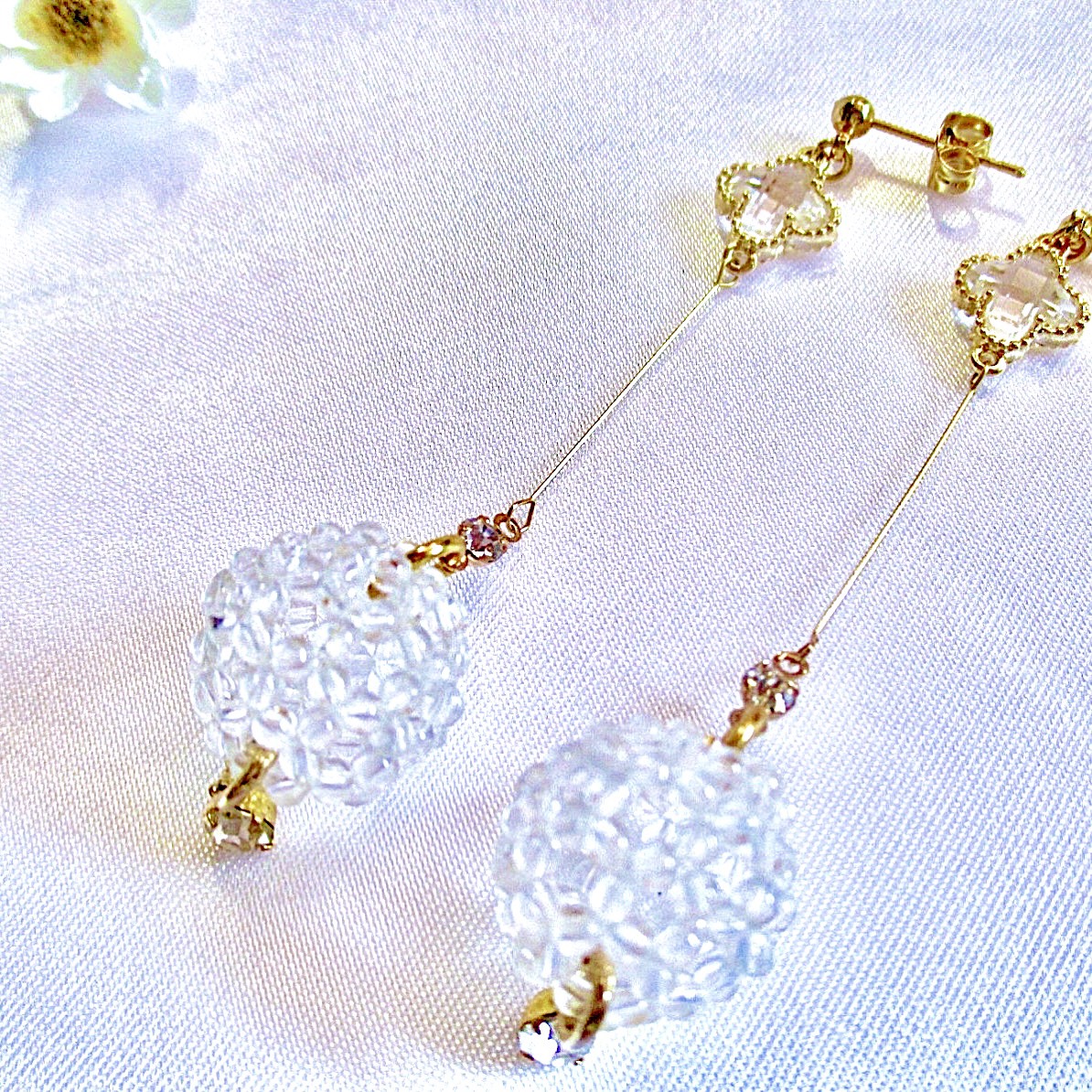 (受注制作) 天然石 クリスタル クォーツ＆クローバー クリア ロングピアス 14kgf 神聖幾何学フラーレン 水晶