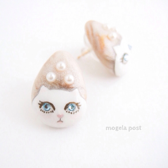 【再販】14kgf♡lady white catの耳飾り♡aquamarine color 1枚目の画像