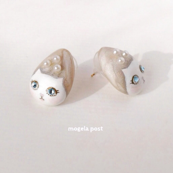 【再販】14kgf♡lady white catの耳飾り♡aquamarine color 2枚目の画像