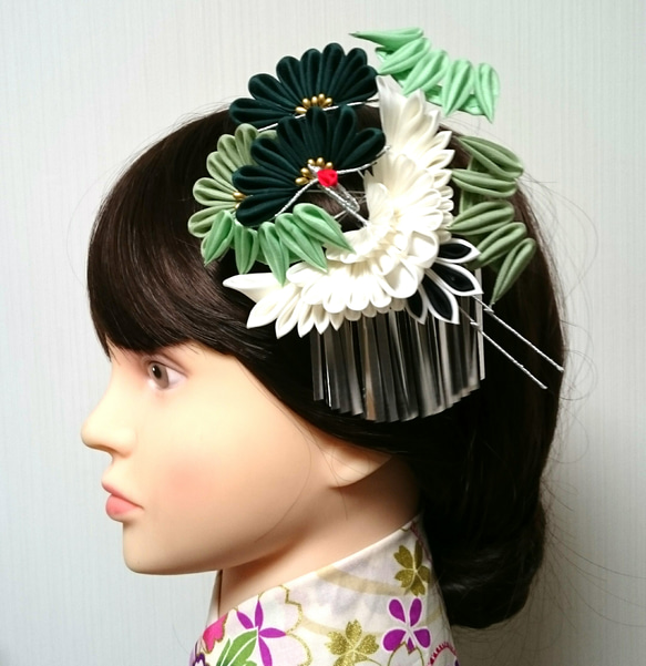 鶴×松×笹＊つまみ細工髪飾り かんざし ハンドメイド『LFD』 通販