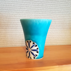 ひまわり花柄　フリーカップ　ターコイズブルー　トルコブルー 2枚目の画像
