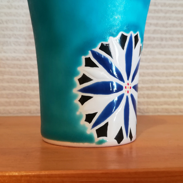 ひまわり花柄　フリーカップ　ターコイズブルー　トルコブルー 3枚目の画像