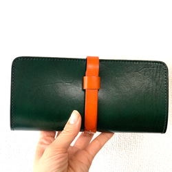 【訳ありセール】アルゼンチンレザー 2color 長財布 - Moss green× Orange - 2枚目の画像