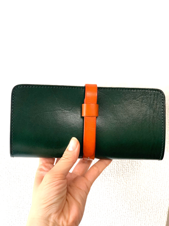 【訳ありセール】アルゼンチンレザー 2color 長財布 - Moss green× Orange - 2枚目の画像