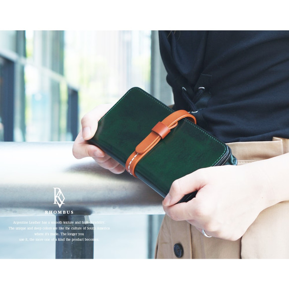 【訳ありセール】アルゼンチンレザー 2color 長財布 - Moss green× Orange - 4枚目の画像