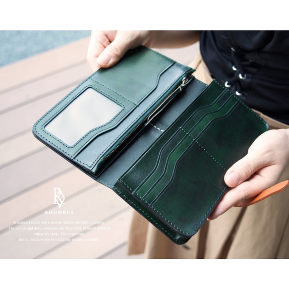 【訳ありセール】アルゼンチンレザー 2color 長財布 - Moss green× Orange - 6枚目の画像