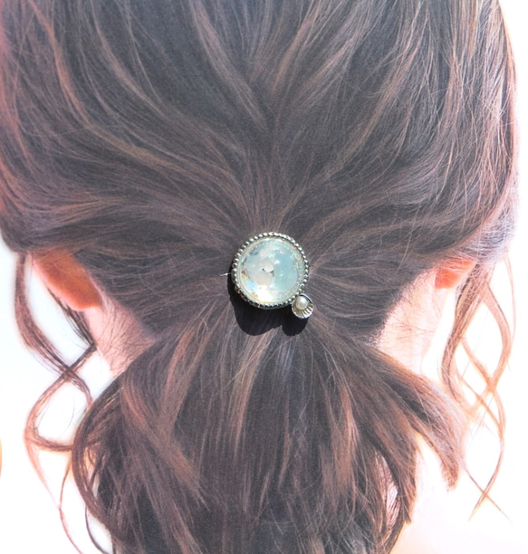 粉晶+海藍寶石+全息【石感】銀珠髮膠棕天然石力擊 第2張的照片