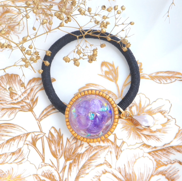 紫龍晶樹脂 + 珠子 [石感] 全像古董金色髮帶黑色天然石生日石 第3張的照片