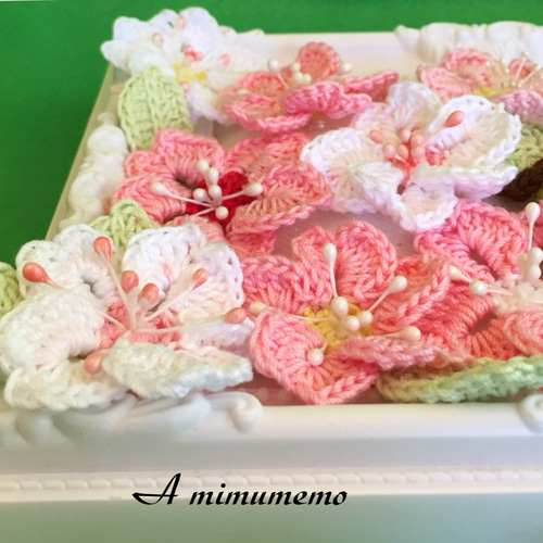 満開桜と小学生の春の置物　_ハンドメイド 手編み 小物入れ 満開桜と小学生の春の置物_ハンドメイド 手編み 小物入れ