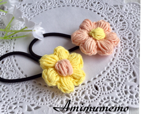 ぷっくりお花のヘアアクセ☆コットン糸☆選べるヘアゴム・ヘア