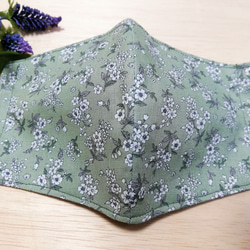 (受注製作)❬送料無料❭サイズ大きめ　立体綿マスク　ピスタチオグリーン花柄×ブルーグリーン 2枚目の画像