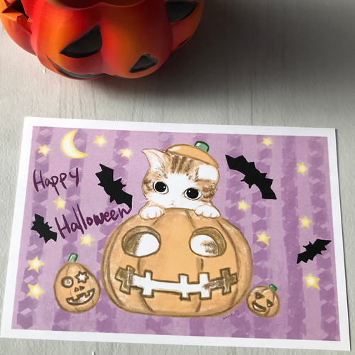 猫ちゃんハロウィンかぼちゃポストカード 2枚組 イラスト napuripu