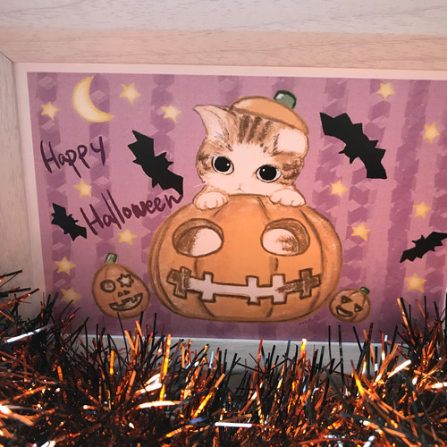 猫ちゃんハロウィンかぼちゃポストカード 2枚組 イラスト napuripu