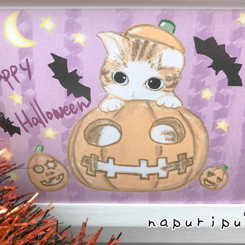 猫ちゃんハロウィンかぼちゃポストカード 2枚組 イラスト