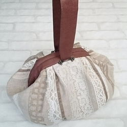 カボチャバッグ＊リネンにアンティークレース 2枚目の画像