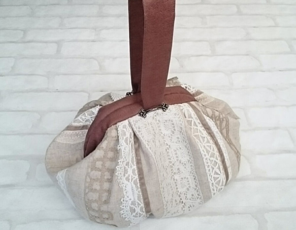 カボチャバッグ＊リネンにアンティークレース 2枚目の画像