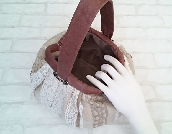 カボチャバッグ＊リネンにアンティークレース 3枚目の画像