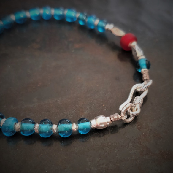 ヴィンテージインドグラスビーズ　カレン族シルバー　スターリングシルバー　ブレスレット 3枚目の画像