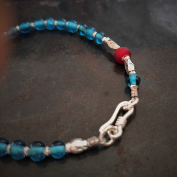 ヴィンテージインドグラスビーズ　カレン族シルバー　スターリングシルバー　ブレスレット 6枚目の画像