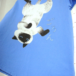 ごろん猫・へそ天ねこ・シャムネコ・メンズMタグ(レディスL対応サイズ) 水色＊手描きTシャツ＊chobico 6枚目の画像