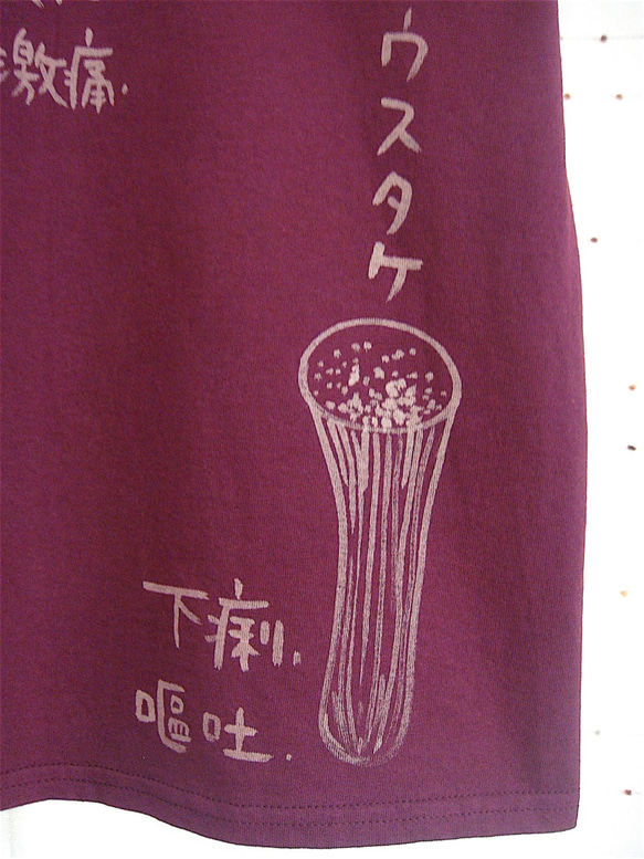 両面絵柄・毒キノコ4種類・中毒症状を明記・レディスM〜Lサイズ（メンズS着丈短め対応サイズ）えんじ＊手描きTシャツ 7枚目の画像