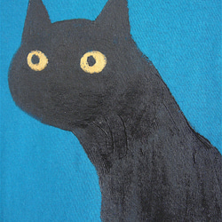 驚いてにゅうっと首伸びる黒猫・ろくっろ猫・びっくり顔・男子Sサイズ（女子M対応サイズ着丈長め） シアン・手描きTシャツ 3枚目の画像