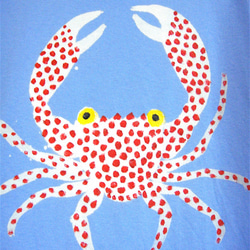 オオアカホシサンゴ蟹・赤い水玉模様・女子M〜Lサイズ（メンズS対応サイズ着丈短め）水色・手描きTシャツ＊chobico＊ 3枚目の画像