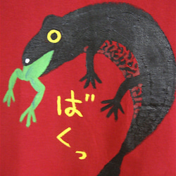 アカハライモリ捕食蛙・食べられるカエル・女子S〜Mサイズ（150〜160cm対応サイズ）赤＊手描きTシャツchobico 3枚目の画像
