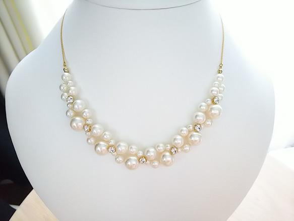♥結婚式に♥合わせ易いサイズ感✴️パールとスワロフスキーのチェーンネックレス 1枚目の画像