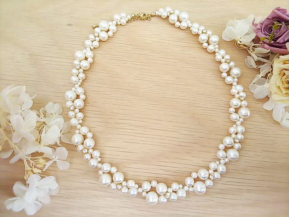 ♥結婚式に♥パールとスワロフスキーの編込みネックレス 1枚目の画像