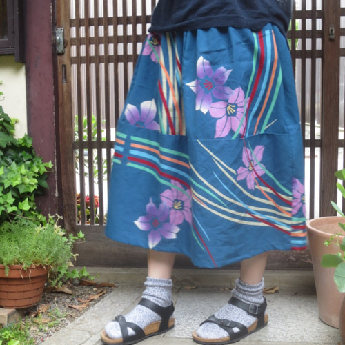 浴衣deリメイクスカート☆レトロモダンなふんわりギャザーで77㎝丈 