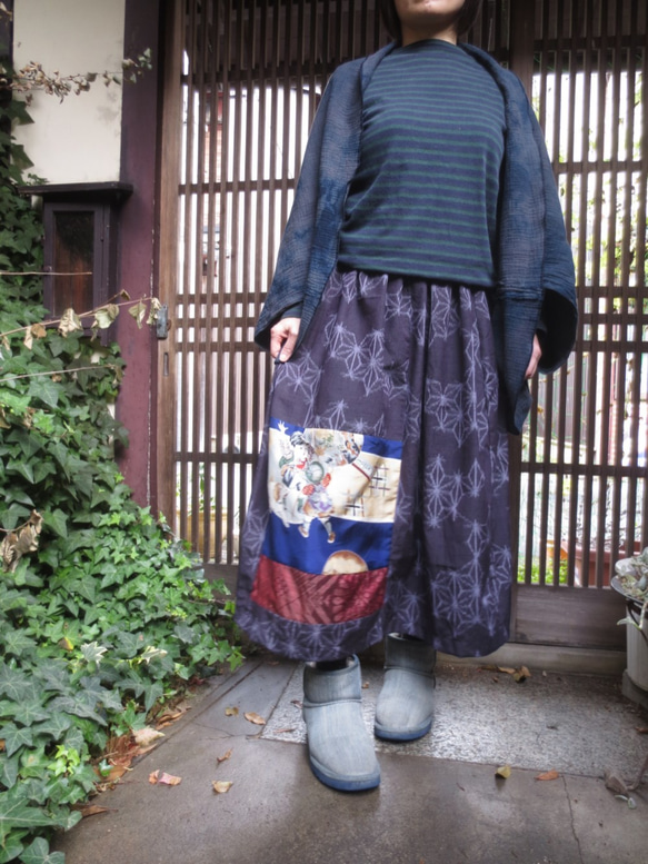 着物リメイク☆古布・紬・麻の葉・面白模様・パッチスカート81㎝丈 