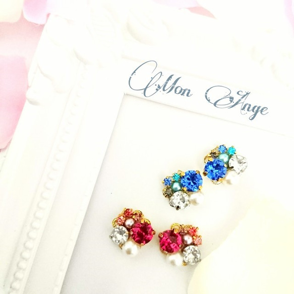 Mignonne＊blue＆pink スワロフスキー　ビジューピアス・イヤリング 1枚目の画像