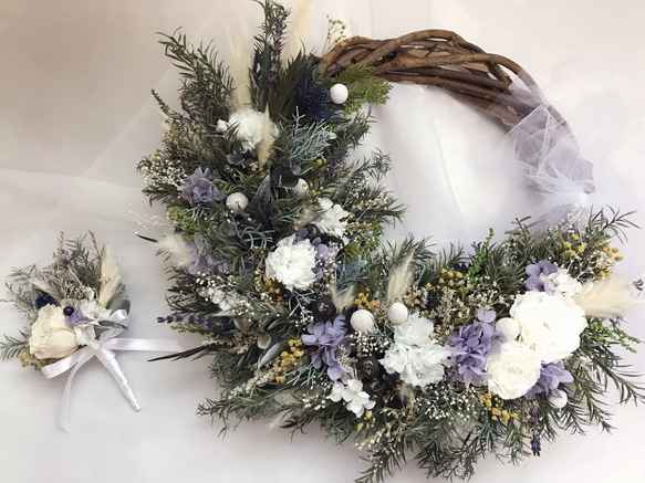 リースブーケ(リーフ) 【オーダーメイド】プリザーブドフラワーのナチュラルブーケ＆ブートニア QG1620420954(12350円)