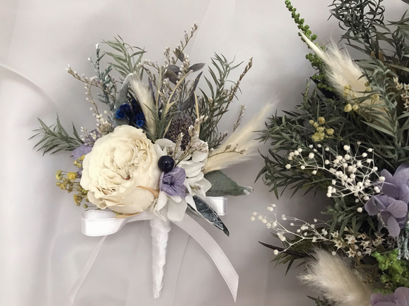 リースブーケ(リーフ) 【オーダーメイド】プリザーブドフラワーのナチュラルブーケ＆ブートニア QG1620420954(12350円)