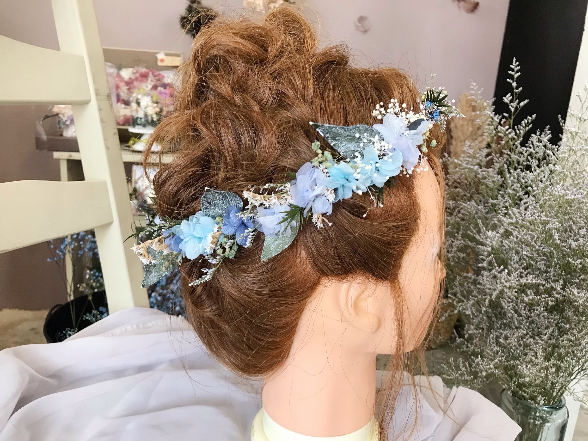 ビンテージ　ヘッドドレス 花冠 フランス　アンティーク ウェディング ブルー 花冠 花かんむり サムシングブルー コチョウラン バラ 青 紫