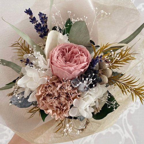 ピンクベージュ・イエローのミニ花束 プリザーブドフラワー ortensia