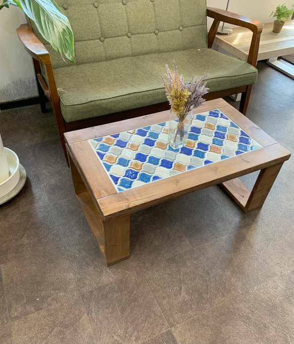 《感謝セール》レトロなかわいさが魅力のランタンタイル　カフェテーブル　ブルー系 