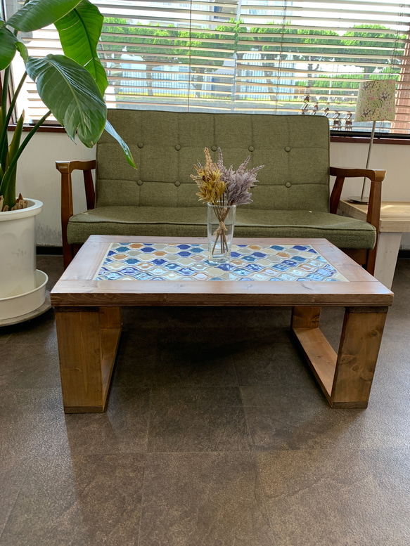 《感謝セール》レトロなかわいさが魅力のランタンタイル　カフェテーブル　ブルー系 