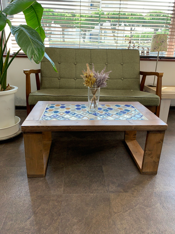 《感謝セール》レトロなかわいさが魅力のランタンタイル　カフェテーブル　ブルー系 