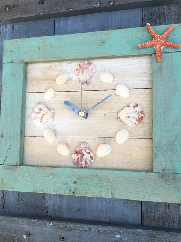 西海岸スタイル シェル掛け時計 グリーン 4枚目の画像